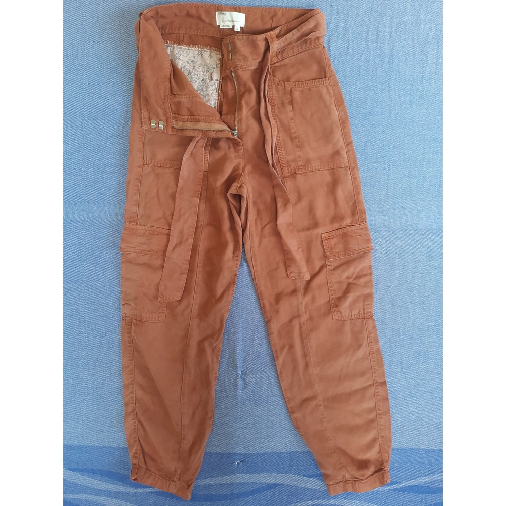 Anthropologie Rust Brown Tencel Cargo Jogger Pants High Rise Tie Waist 26 relax